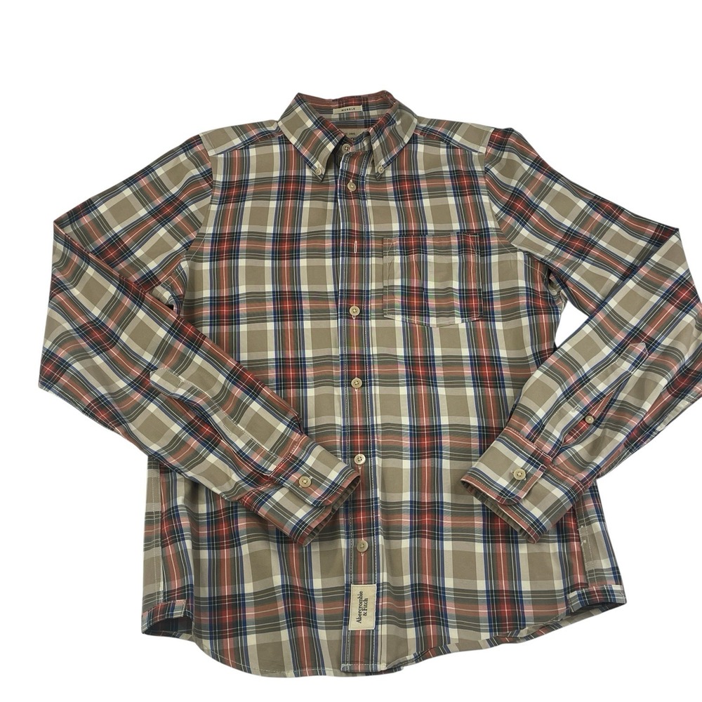 VTG Abercrombie & Fitch Shirt Men's Small Beige Red‎ Muscle Plaid Long Sleeve